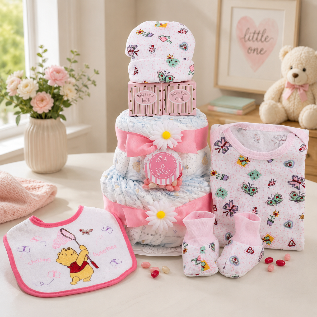 Pink Diaper Cake Gift Tower